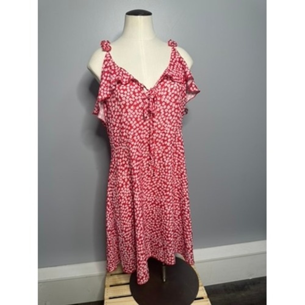 Red White Floral Ruffle Tie Front Mini Dress V-Back Adjustable Straps Size L